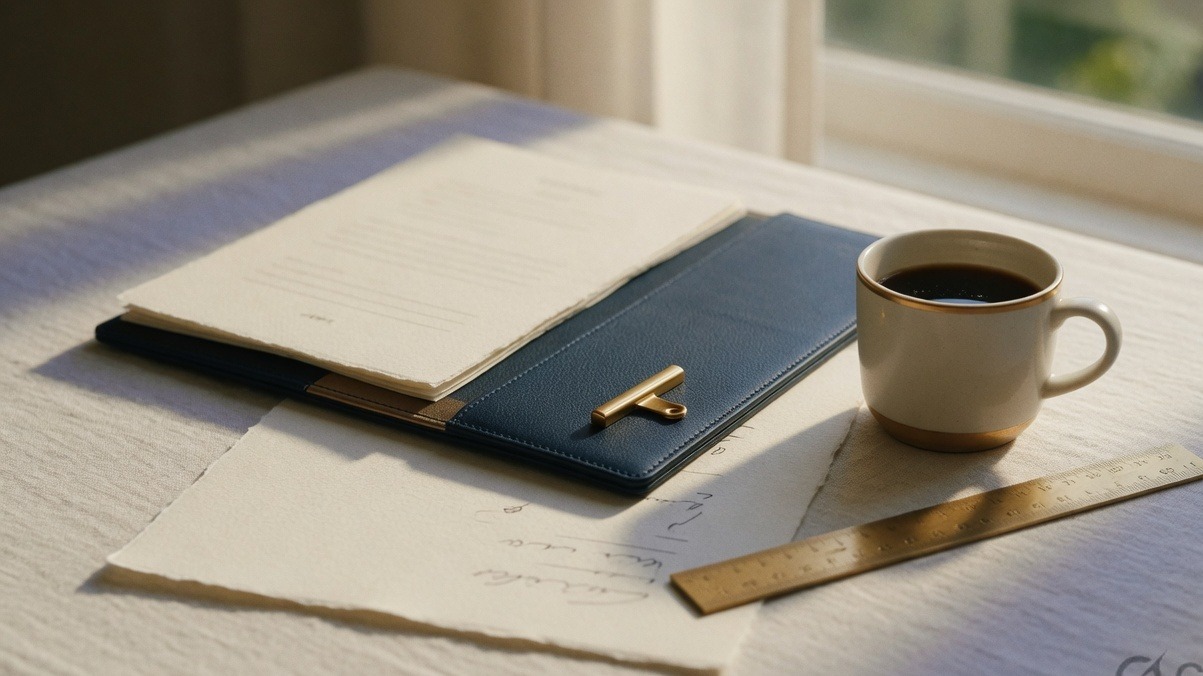 Desk with navy folder, cream paper and morning light — Marr Advisory working aesthetic