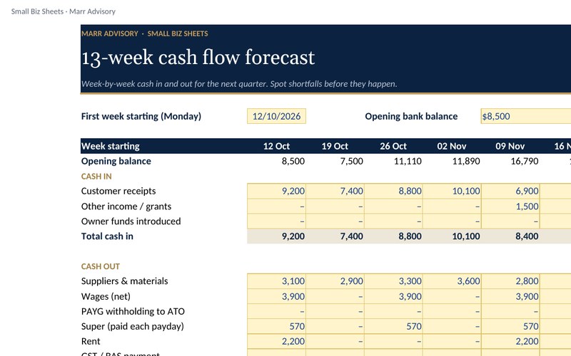 Preview of the 13-week cash flow forecast spreadsheet