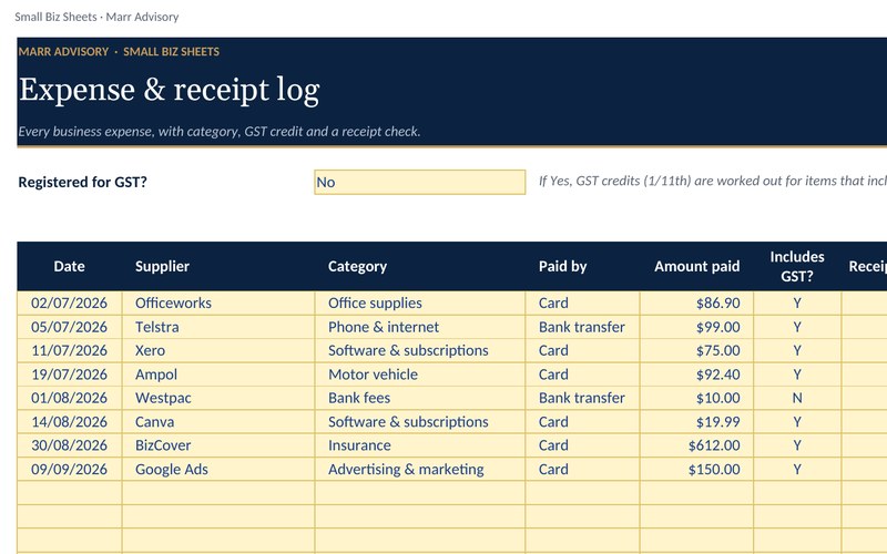 Preview of the Expense & receipt log spreadsheet