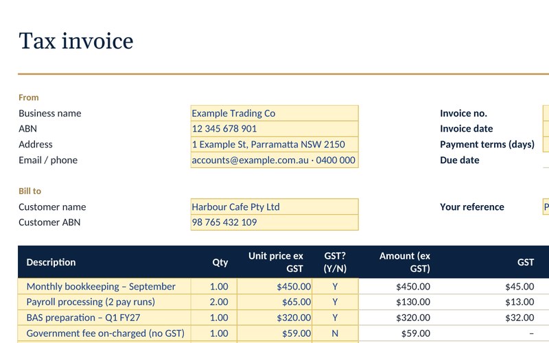 Preview of the GST tax invoice (with ABN) spreadsheet