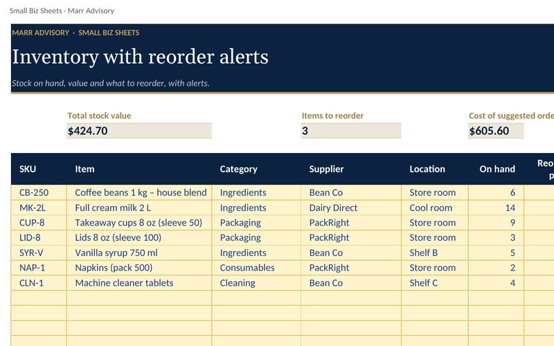Preview of the Inventory with reorder alerts spreadsheet