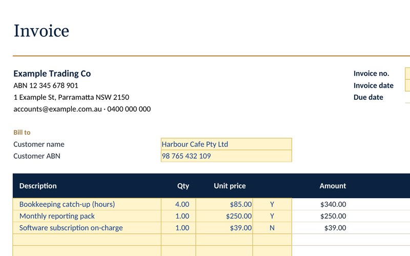 Preview of the Invoice generator with GST toggle spreadsheet