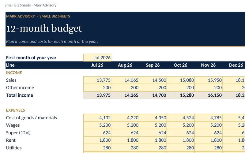 Preview of the 12-month budget vs actual spreadsheet