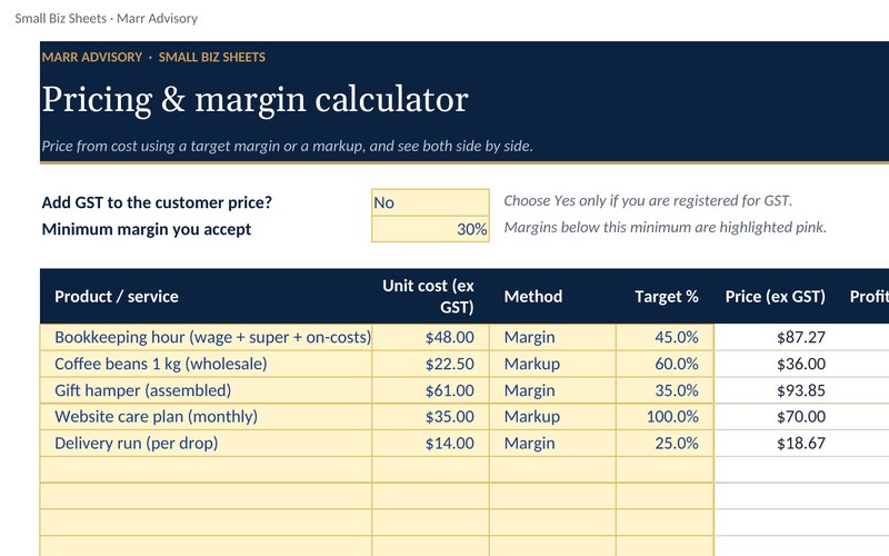 Preview of the Pricing & margin calculator spreadsheet