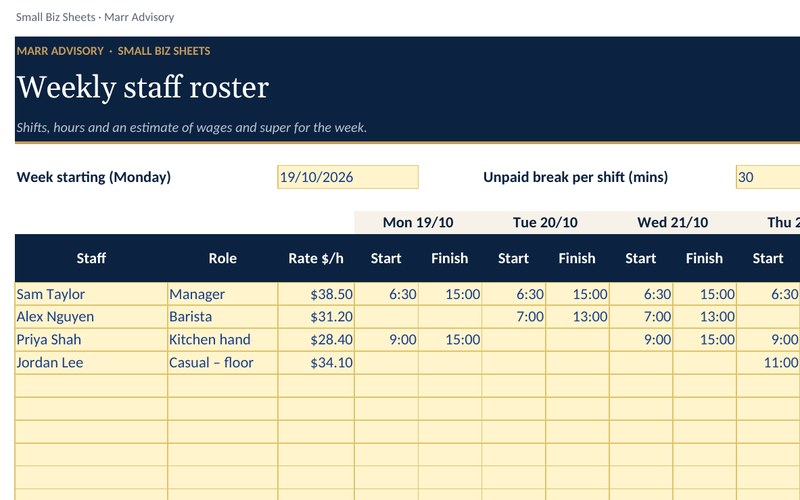 Preview of the Weekly staff roster spreadsheet